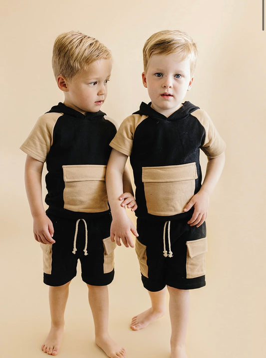 Terry Cargo Short Set | Black & Beige