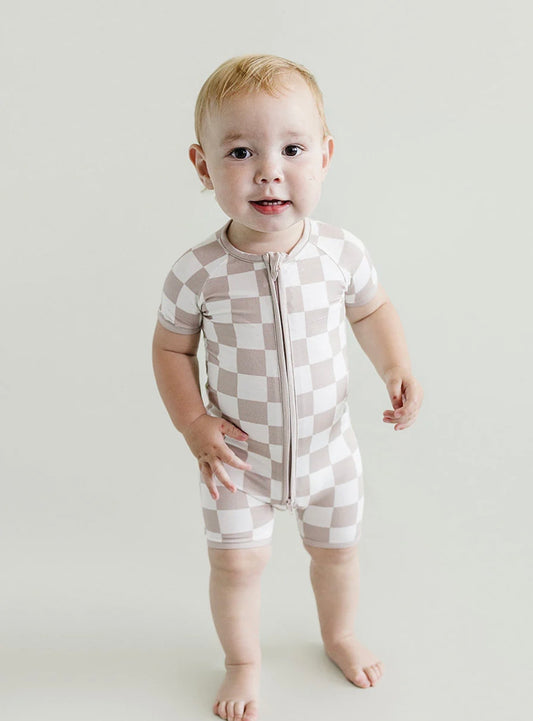 Bamboo Shorty Romper | Latte Checkered