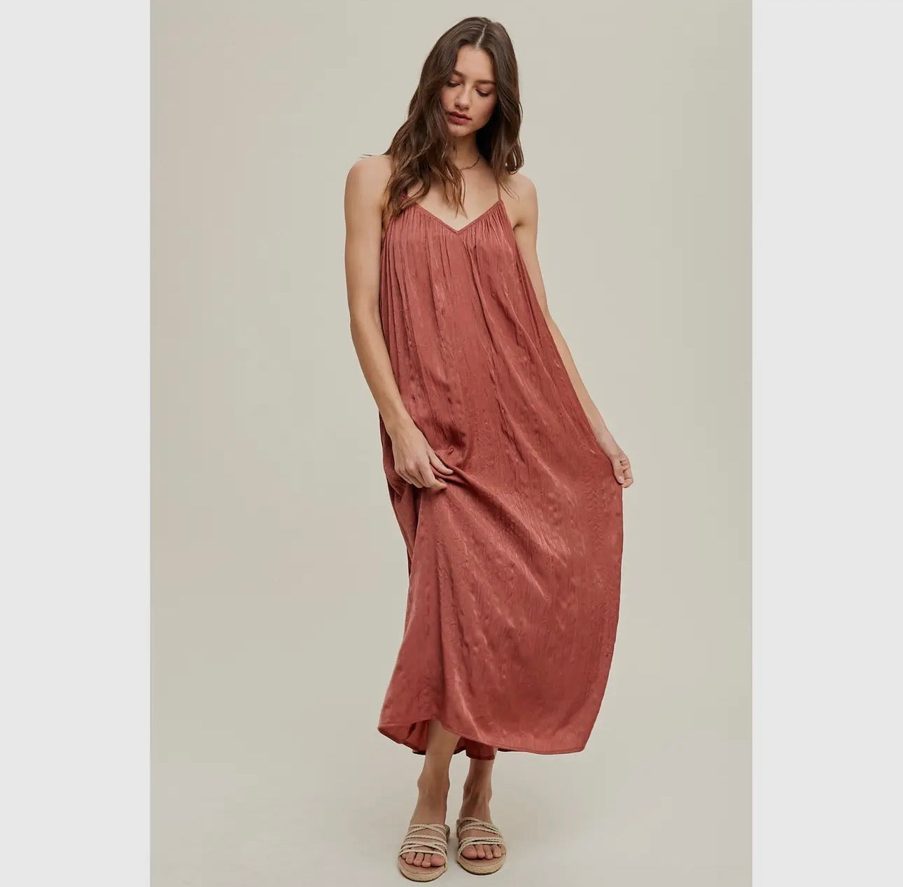 Rust Satin Slip Maxi Dress