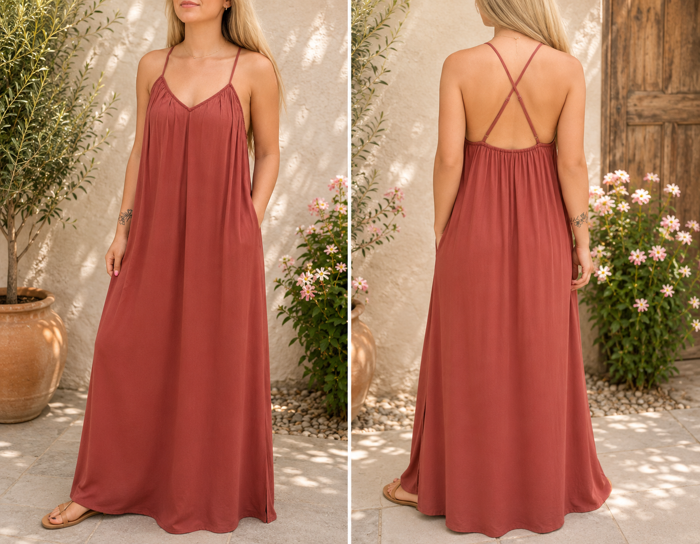 Rust Satin Slip Maxi Dress
