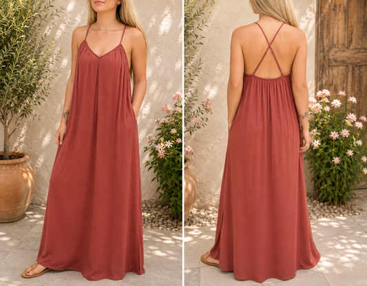 Rust Satin Slip Maxi Dress