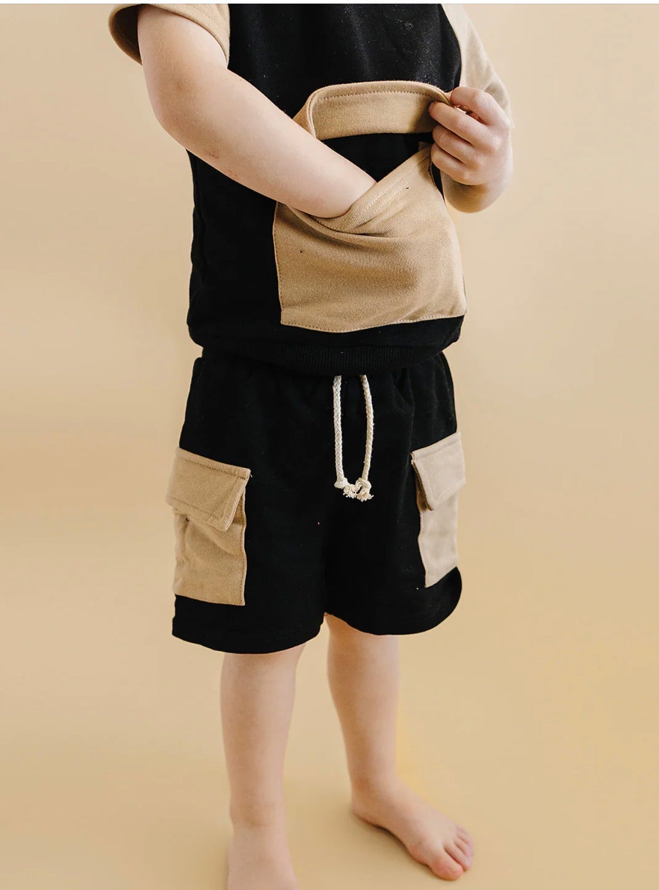 Terry Cargo Short Set | Black & Beige