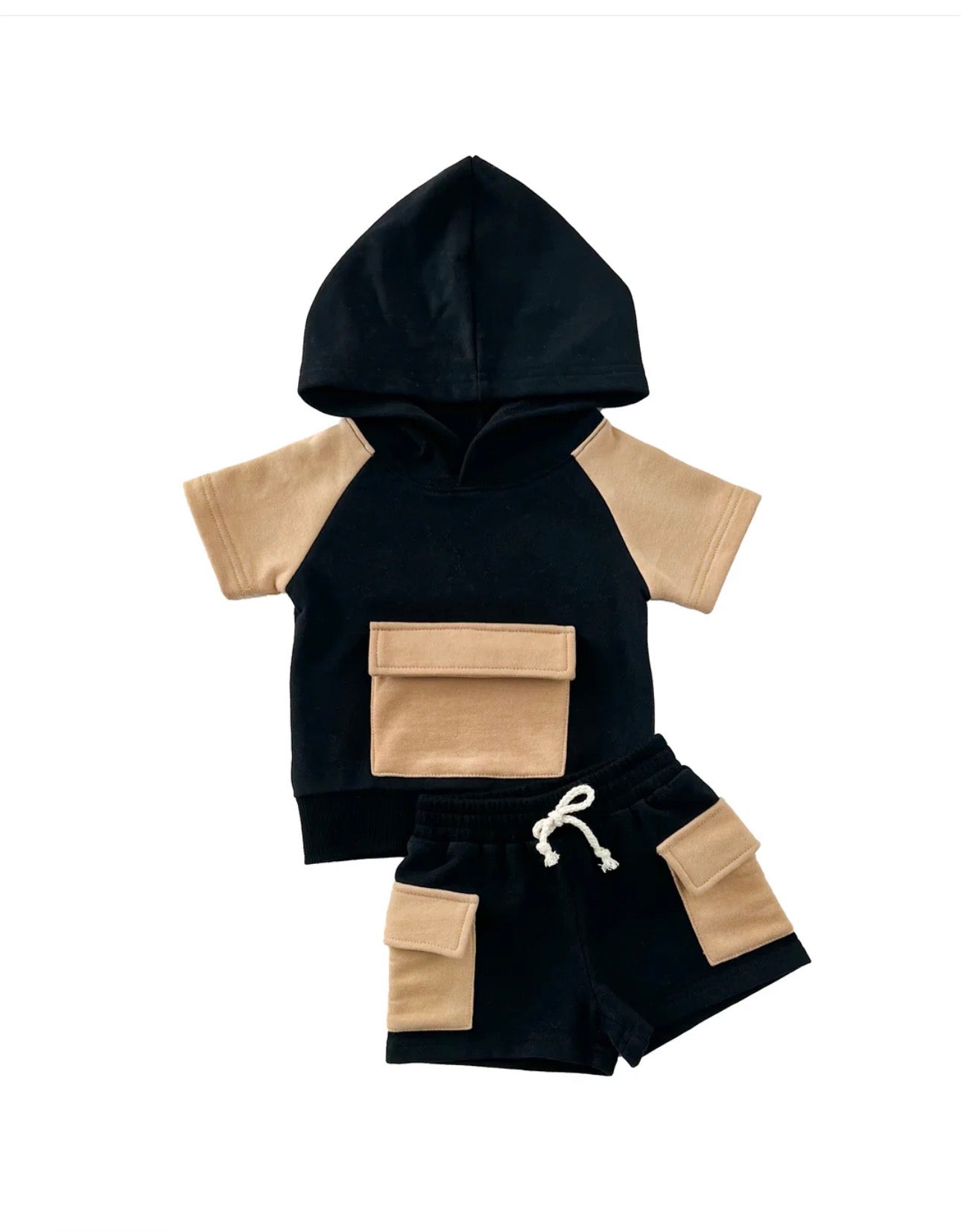Terry Cargo Short Set | Black & Beige